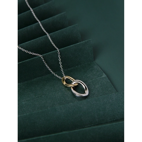 925 Sterlingsilber Ineinandergreifende Doppelring Anhänger Halskette Gold Silber Zweifarbig Geometrische Schlüsselbeinkette Damen Schmuck