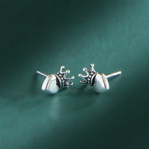 Boucles d'Oreilles Puces Cœur Couronne en Argent Sterling 925 Vintage Bijoux Style Vieilli pour Femmes Accessoires Élégants