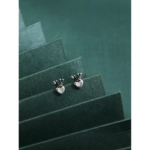 Boucles d'Oreilles Puces Cœur Couronne en Argent Sterling 925 Vintage Bijoux Style Vieilli pour Femmes Accessoires Élégants