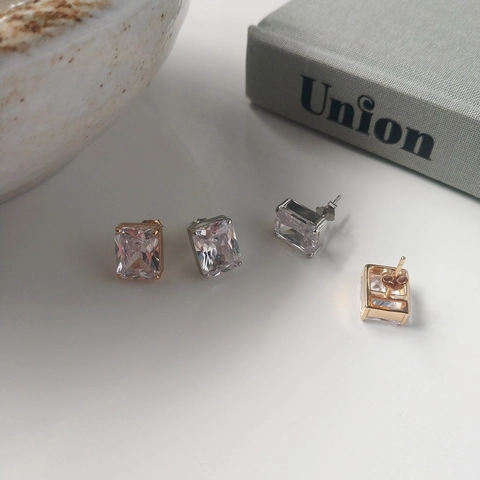 S925 Argento Sterling Quadrato Strass Orecchini a Bottone Donna Minimalista Coreano Geometrico Intarsiato Gioielli