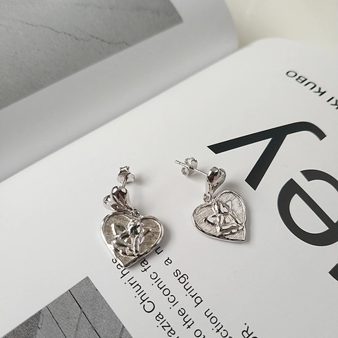 Orecchini a Bottone in Argento Sterling 925 con Rilievo Cuore Angelo Cupido per Donna Orecchini Argento Vintage Francese