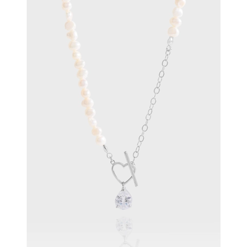S925 Sterling Silver Freshwater Pearl Necklace For Women Minimalist Heart OT Clasp Zirconia Water Drop Pendant Necklace