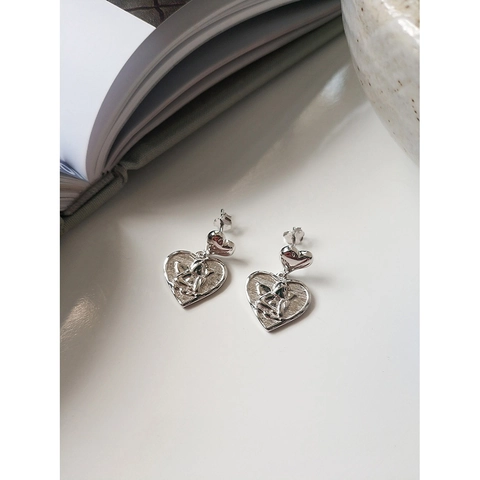 Orecchini a Bottone in Argento Sterling 925 con Rilievo Cuore Angelo Cupido per Donna Orecchini Argento Vintage Francese