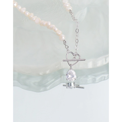 S925 Sterling Silver Freshwater Pearl Necklace For Women Minimalist Heart OT Clasp Zirconia Water Drop Pendant Necklace
