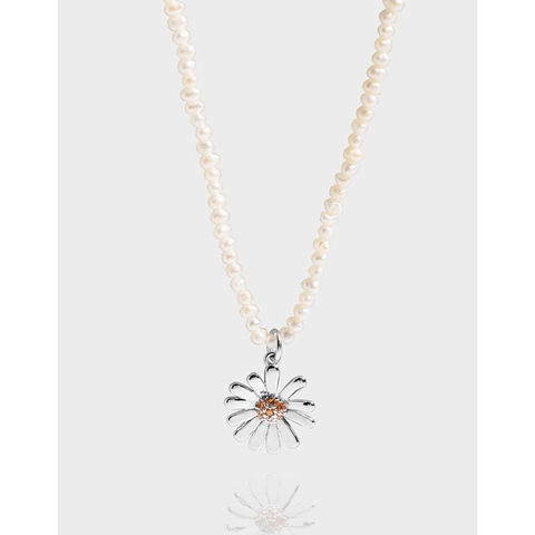 Collana Margherita in Argento Sterling S925 e Perle Naturali per Donna Elegante Ciondolo a Fiore con Strass Minimalista