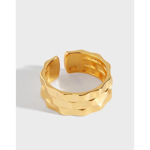 Anillo de Eslabones de Plata de Ley 925 Chapado en Oro para Mujer Martillado Onda Abierto Ajustable Diamante de Imitación Anillo