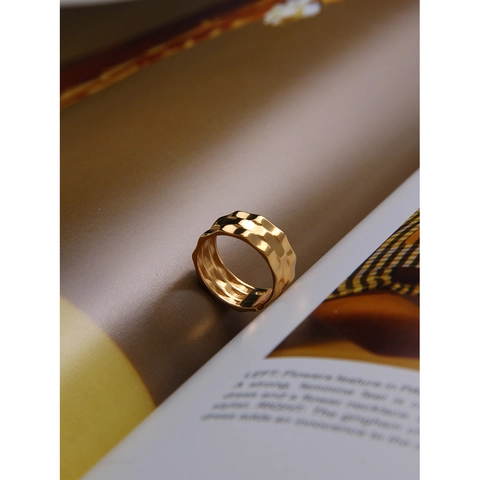 Anillo de Eslabones de Plata de Ley 925 Chapado en Oro para Mujer Martillado Onda Abierto Ajustable Diamante de Imitación Anillo