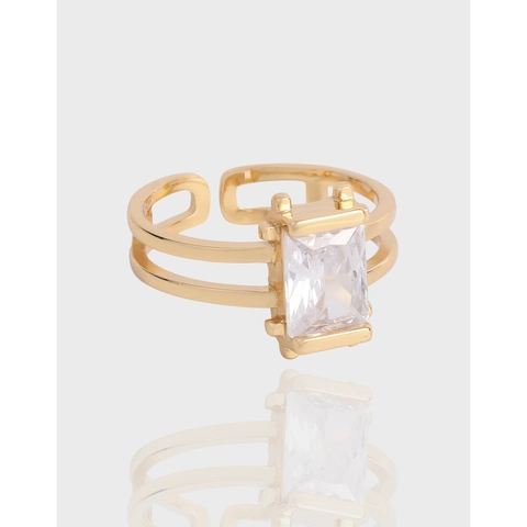S925 Sterling Silver Gold Plated Open Adjustable Ring For Women Minimalist Vintage Geometric Square Rhinestone Finger Ring
