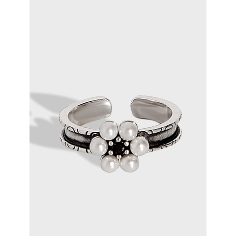 Anello Aperto in Argento Sterling 925 Vintage Fiore di Perla Regolabile Minimalista Strass Nero Anello da Dito Floreale Gioielli