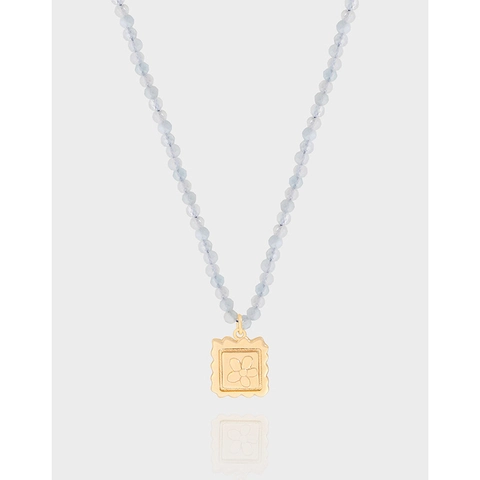 S925 Sterlingsilber Aquamarin Perlenkette Für Damen Vergoldeter Quadratischer Blumenanhänger Wellenrand Retro Ins Schmuck