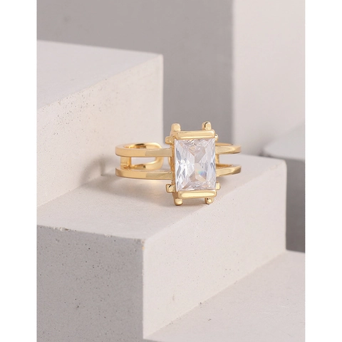 S925 Sterling Silver Gold Plated Open Adjustable Ring For Women Minimalist Vintage Geometric Square Rhinestone Finger Ring