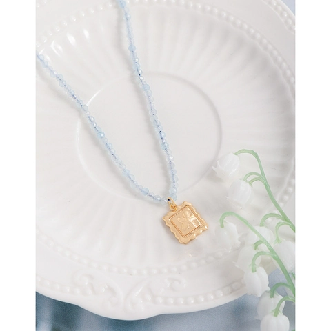 S925 Sterlingsilber Aquamarin Perlenkette Für Damen Vergoldeter Quadratischer Blumenanhänger Wellenrand Retro Ins Schmuck