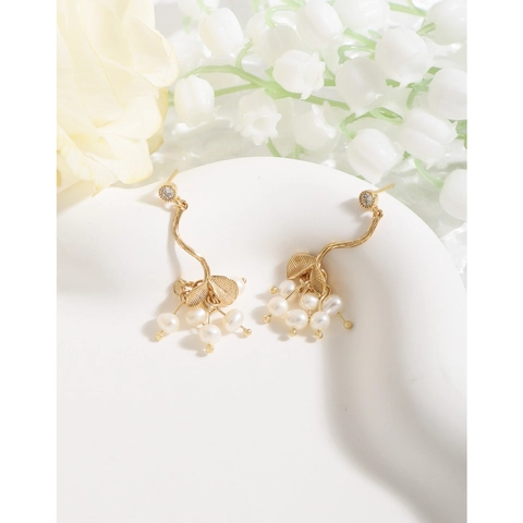 Elegant 925 Sterling Silver Branch Artificial Pearl Stud Earrings For Women Gold Plated Plant Rhinestone Drop Earrings Jewelry