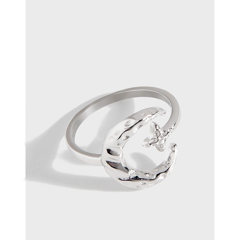 925 Sterlingsilber Stern Mond Ring Für Damen Minimalistisch Falten-Textur Verstellbar Offener Ring Strass Schmuck Zubehör Geschenk