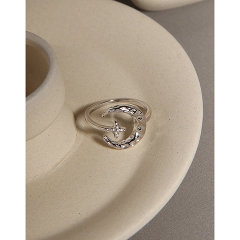 925 Sterlingsilber Stern Mond Ring Für Damen Minimalistisch Falten-Textur Verstellbar Offener Ring Strass Schmuck Zubehör Geschenk