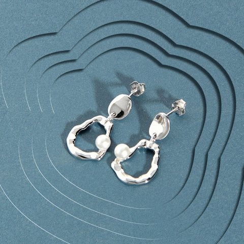 Orecchini a Bottone in Argento Sterling 925 Minimalisti a Cerchio Geometrico Irregolare Con Perla Artificiale Eleganti Donna