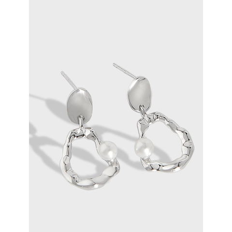 Orecchini a Bottone in Argento Sterling 925 Minimalisti a Cerchio Geometrico Irregolare Con Perla Artificiale Eleganti Donna