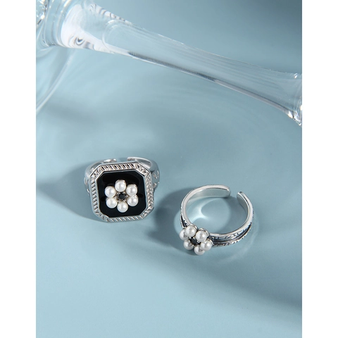 S925 Sterlingsilber Vintage Emaille Blume Ring Für Damen Verstellbar Schwarz Weiß Künstliche Perle Offener Ring Fingerschmuck