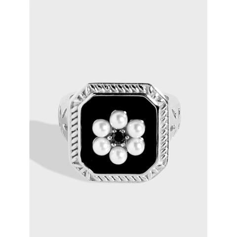S925 Sterlingsilber Vintage Emaille Blume Ring Für Damen Verstellbar Schwarz Weiß Künstliche Perle Offener Ring Fingerschmuck