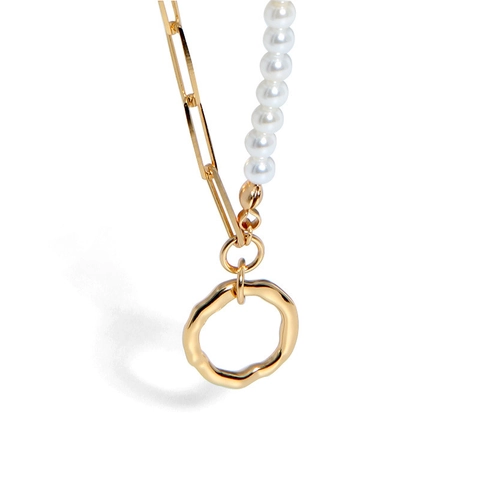 925 Sterlingsilber Asymmetrische Künstliche Perlenkette Für Damen Champagner Gold Unregelmäßiger Ring Anhänger Büroklammer Choker Schmuck