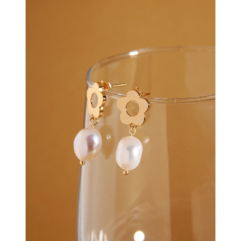 Orecchini a Goccia in Argento Sterling 925 Con Fiori e Perle d'Acqua Dolce per Donna Orecchini a Bottone Floreali Placcati Oro