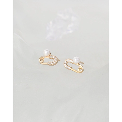 Orecchini a Bottone a Spilla da Balia in Argento Sterling 925 Placcati Oro con Perla Artificiale e Strass Gioielli Minimalisti Donna
