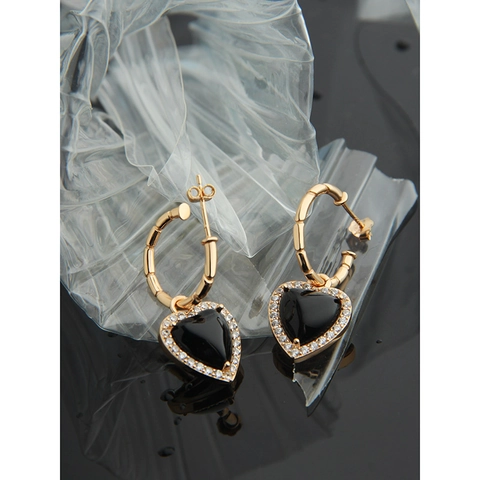 Orecchini a Bottone a Cuore in Agata Nera in Argento Sterling 925 Per Donna Placcati in Oro Zirconia Trama di Bambù
