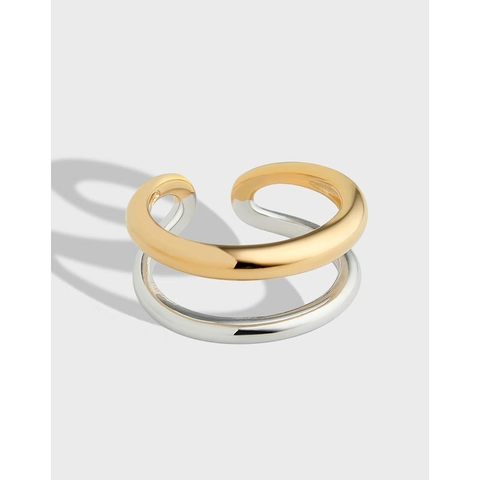 925 Sterlingsilber Zweifarbig Doppelring Minimalistisch Geometrisch Verstellbar Fingerring Mode Schmuck Für Damen