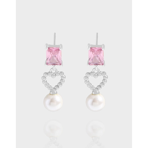 925 Sterling Silver Pink Rhinestone Heart Artificial Pearl Drop Earrings Electroplated Sweet Dangle Earrings For Women Jewelry