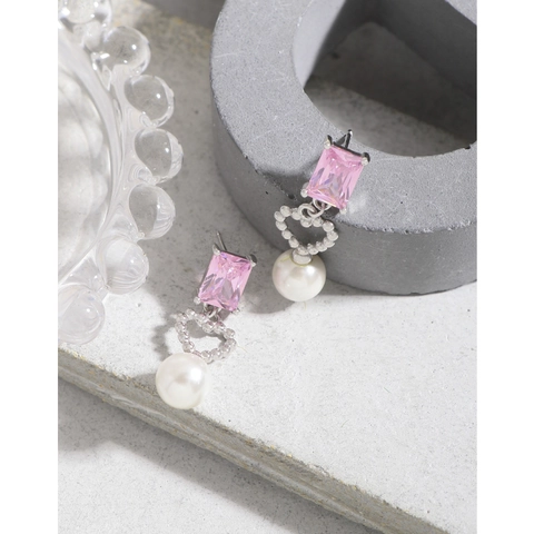 925 Sterling Silver Pink Rhinestone Heart Artificial Pearl Drop Earrings Electroplated Sweet Dangle Earrings For Women Jewelry