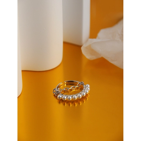 925 Sterling Silver Artificial Pearl Chain Open Ring For Women Minimalist Adjustable Geometric Finger Ring Elegant Jewelry
