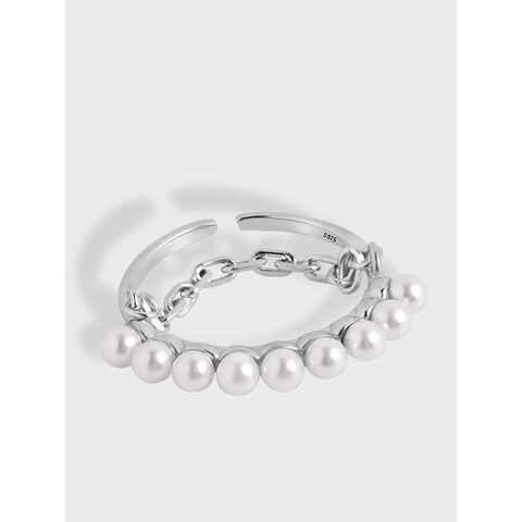 925 Sterling Silver Artificial Pearl Chain Open Ring For Women Minimalist Adjustable Geometric Finger Ring Elegant Jewelry
