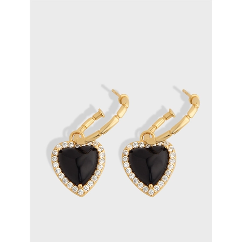 Orecchini a Bottone a Cuore in Agata Nera in Argento Sterling 925 Per Donna Placcati in Oro Zirconia Trama di Bambù