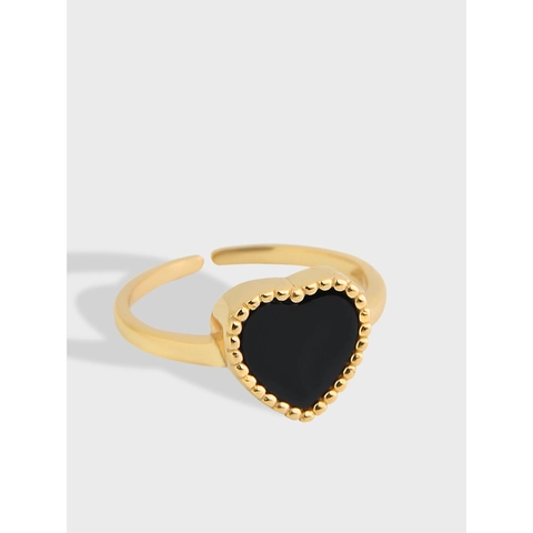 Anello a Cuore in Argento Sterling 925 Minimalista per Donna Vintage Smalto Nero Placcato Oro Anello Aperto Regolabile Gioielli