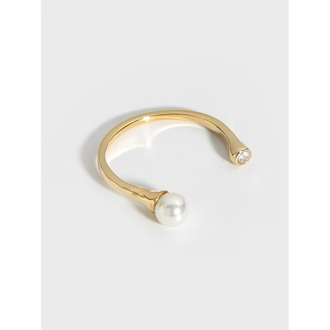 Minimalistisch 925 Sterlingsilber Offener Verstellbarer Ring Champagner Vergoldet Künstliche Perle Zirkonia Schmuck Für Damen