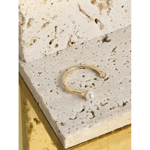 Minimalistisch 925 Sterlingsilber Offener Verstellbarer Ring Champagner Vergoldet Künstliche Perle Zirkonia Schmuck Für Damen