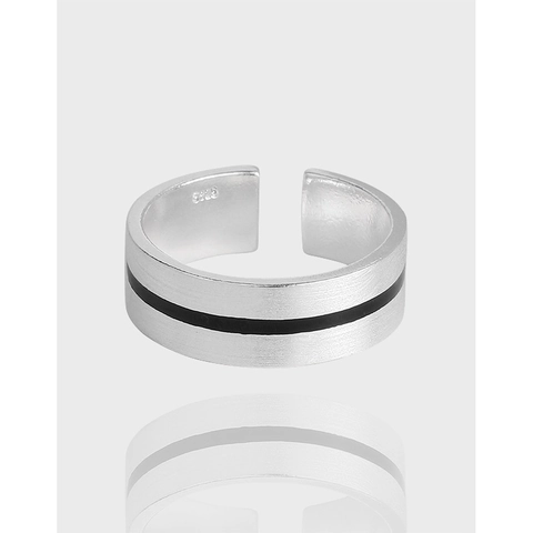 Minimalist 925 Sterling Silver Adjustable Open Ring For Women Brushed Matte Surface With Black Stripe Fashion Finger Jewelry