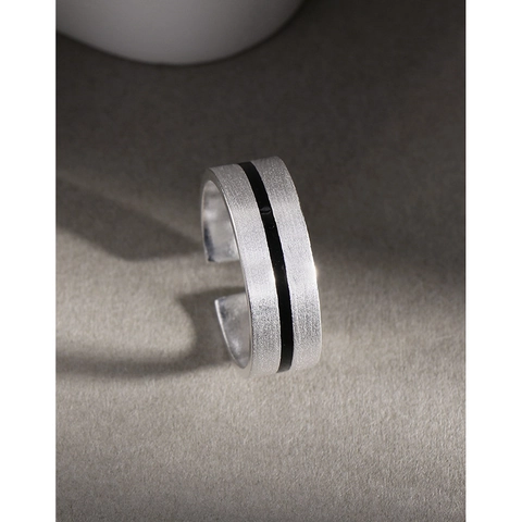Minimalist 925 Sterling Silver Adjustable Open Ring For Women Brushed Matte Surface With Black Stripe Fashion Finger Jewelry