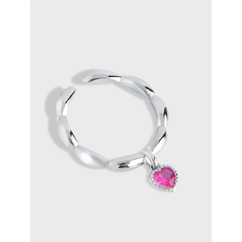 S925 Sterlingsilber Herz Zirkonia Verstellbar Offener Ring Für Damen Minimalistisch Elegant Roter Stein Finger Schmuck