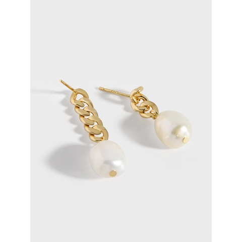 Pendientes de Perla Artificial con Cadena Asimétrica y Poste de Plata de Ley 925 Chapado en Oro Geométricos para Mujer Joyería