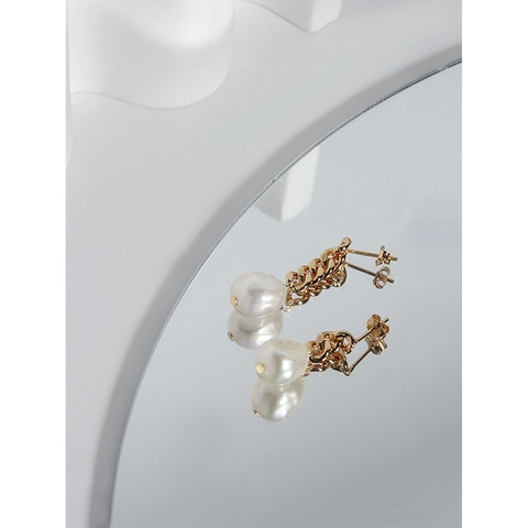 Pendientes de Perla Artificial con Cadena Asimétrica y Poste de Plata de Ley 925 Chapado en Oro Geométricos para Mujer Joyería