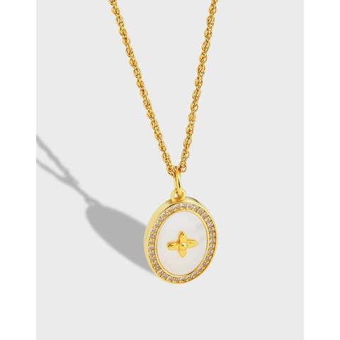 Collana con Pendente a Fiore Ovale in Argento Sterling 925 Placcato Oro per Donna Elegante Collana a Catena con Perla Artificiale e Strass Gioielli