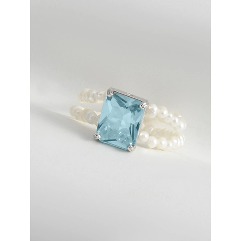 925 Sterling Silver Natural Pearl Blue Zirconia Ring For Women Minimalist Geometric Double Layer Chain Finger Ring Jewelry