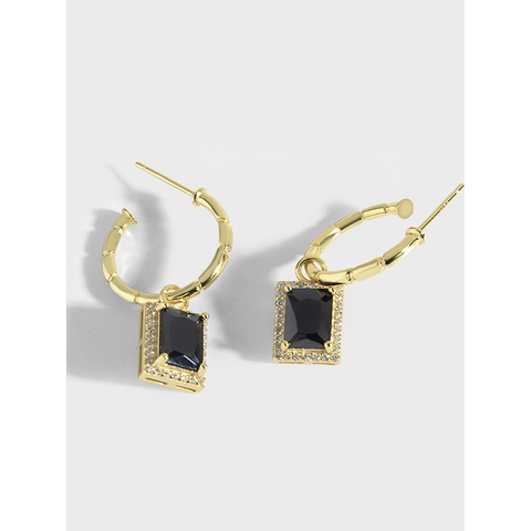 Orecchini a Bottone in Argento Sterling S925 Con Pietra Nera Rettangolare Placcati Oro Vintage Minimalisti Con Strass Donna