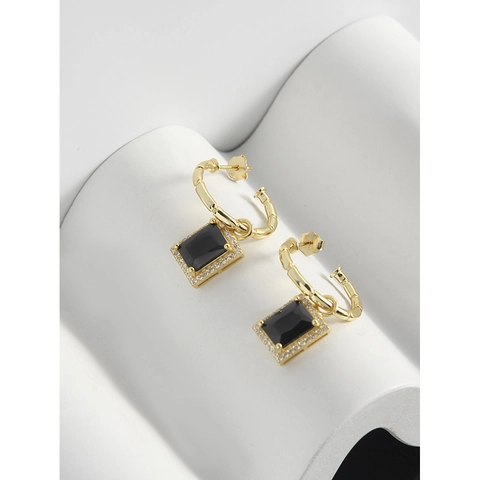 Orecchini a Bottone in Argento Sterling S925 Con Pietra Nera Rettangolare Placcati Oro Vintage Minimalisti Con Strass Donna