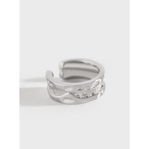 Anello Aperto in Argento Sterling 925 Minimalista per Donna Texture Lava Irregolare Anello da Dito Regolabile con Strass
