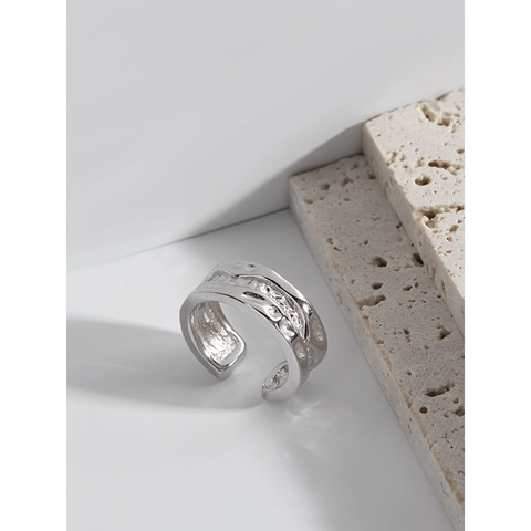 Anello Aperto in Argento Sterling 925 Minimalista per Donna Texture Lava Irregolare Anello da Dito Regolabile con Strass