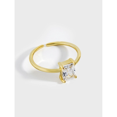 Minimalist 925 Sterling Silver Gold Plated Open Ring For Women Square Rhinestone Adjustable Chic Minimalist Jewelry Ring
