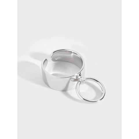 S925 Sterling Silver Wide Band Ring For Women Minimalist Industrial Style Adjustable Open Ring With Dangling Circle Charm