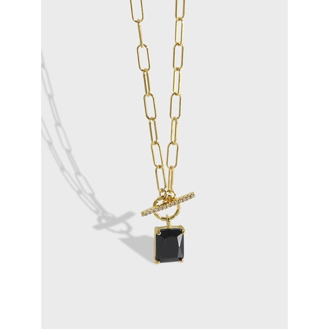 Collar de Plata de Ley S925 Chapado en Oro 18K Cadena de Clip Colgante de Piedra Negra Rectangular Cierre Palanca Mujeres
